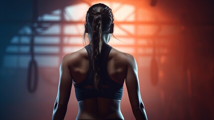 Fototapeta na wymiar Fit and Ready: Woman in Black Sports Bra in Industrial Gym