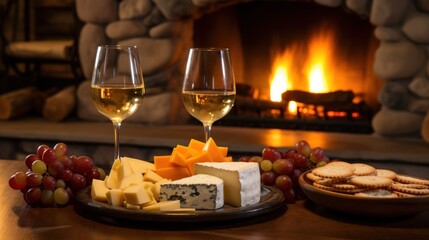 A cheese platter and wine presented in front of a fire.
