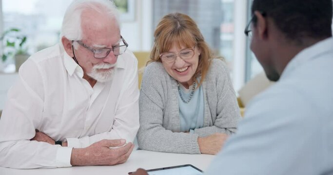 Senior, couple and handshake for insurance planning and investment at a meeting. Consultant, shaking hands and agreement deal with financial advisor and retirement budget for savings with thank you