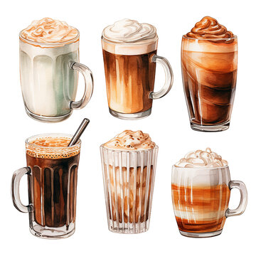 watercolor drawing, set with coffee drinks in glasses. sweet cold coffee drinks with milk and whipped cream.