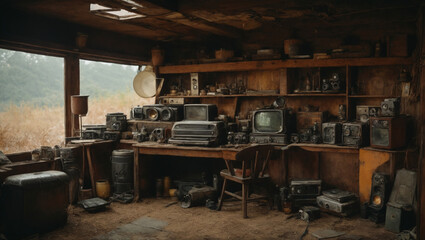 Fototapeta na wymiar A scavenger's hideout filled with salvaged technology and repurposed items.
