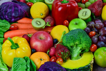 Fresh fruits, assorted fruits, colorful background. Healthy fruits and vegetables concept.