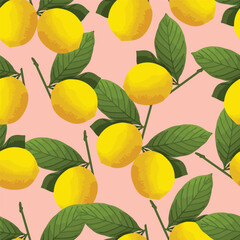 Seamless pattern of yellow lamon, green leaves on pink pastel background, Vintage fruit background, Pattern for design wallpaper, gift wrap paper and fashion prints.