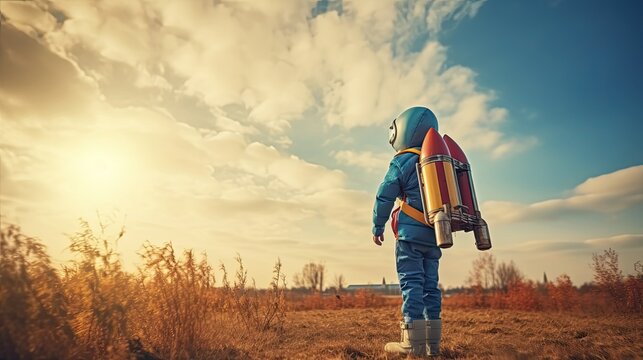 Kid with jet pack against autumn sky background. Child playing outdoors. Success, leader and winner concept. Retro toned 