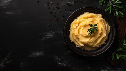 Mashed potatoes in a brown plate on a black background. Restaurant or cafe menu concept. Long banner format. Top view with copy space.Concept of Stop food waste day. Potato peels are one of the most c - obrazy, fototapety, plakaty