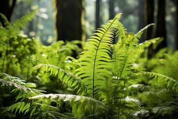 Ferns grow wildly and densely in the underbrush of a lush forest, highlighting the richness of natural flora - obrazy, fototapety, plakaty