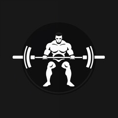 Logo for gym and workout. Illustration of male athlete with barbell in hands on blank background. Design of weightlifting emblem.