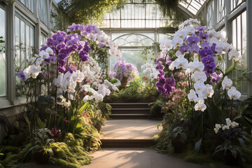 Fototapeta premium Rows of colorful orchids fill a greenhouse, revealing a diverse collection of this exotic and beautiful species