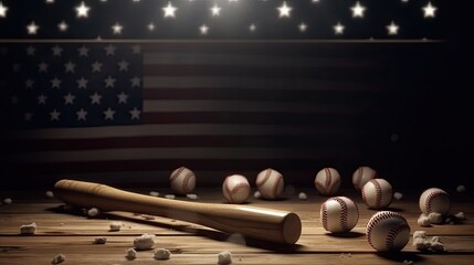 Old baseballs, bat and glove on Wood United States flag background. Baseball sports concept with copy spaceboxing ring with illumination by spotlights. digital effect 3d render. 