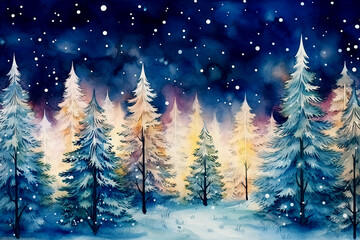 Christmas winter landscape at night with fir trees, stars, snow and lights in watercolor style.