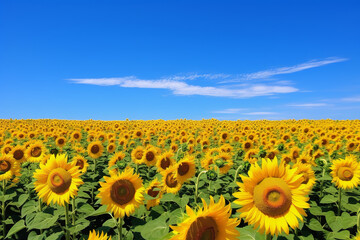 A stunning sunflower field stretches as far as the eye can see, contrasted by a clear blue sky, capturing the essence of a vibrant summer day