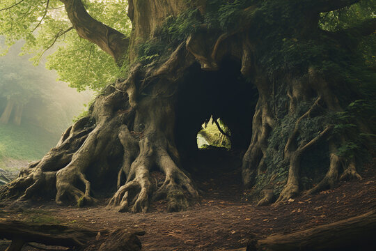An old tree with a hollow trunk stands in the forest, serving as both a home for wildlife and a symbol of resilience