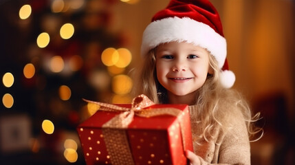 Obraz na płótnie Canvas Happy little smiling girl with christmas gift box