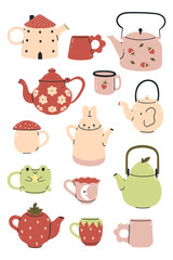 Set of cute cups and teapots isolated on white background. Vector graphics.