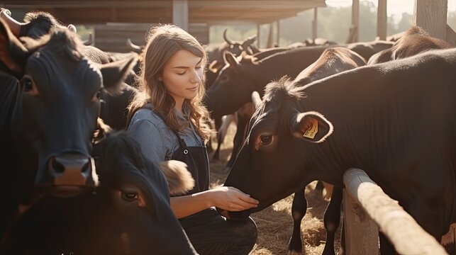 Positive young woman farmer petting and feeding calves during the day on ranch. Cattle breeding, taking care of animals, dairy and meat production concept 