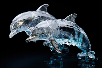 Crystal-clear dolphin ice sculpture making a leap isolated on a white background 