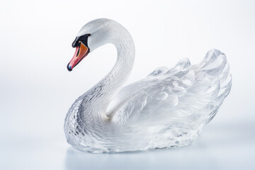 Close-up of a finely chiseled ice swan isolated on a white background 