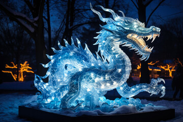 Awe-inspiring icy dragon masterpiece glimmering in the chilly winter moonlight 