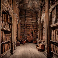 Old library in an ancient castle. ancient books. Generative ai art