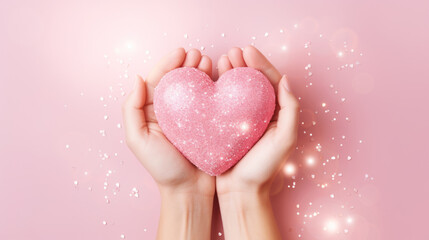 Female hands gently holding the heart. Pink background.