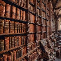 Old library in an ancient castle. ancient books. Generative ai art