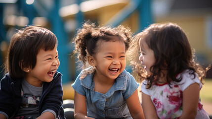 Group of preschoolers talking and playing on the playground outside