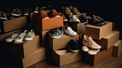 Various shoes piled on shoe boxes. 