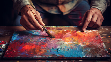 An image of an artist's hand holding a brush filled with bright oil paint.