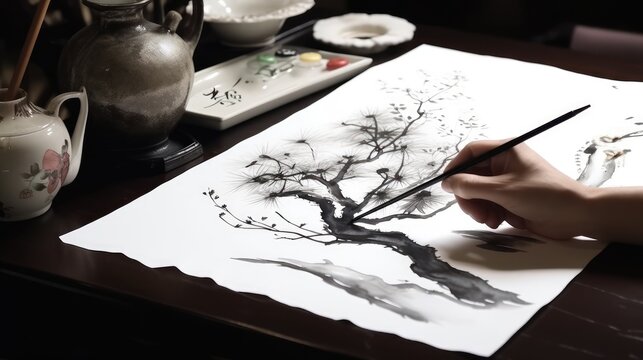 Traditional culture chinese painting still life ink brush paperMan's hands holding some chopsticks at the restaurant table top view 
