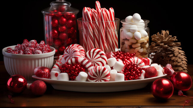 An image of candies laid out on a festive display for Christmas.