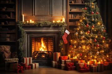 Interior christmas. magic glowing tree, fireplace, gifts in dark