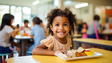 Young girl preschooler sitting in the school cafeteria eating lunch.