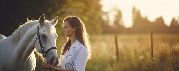 Woman horse  veterinarian examining horse with bed health in outside.