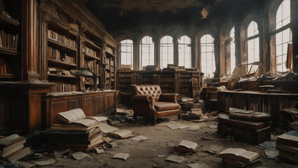 A post-apocalyptic library with books and knowledge scattered among the wreckage.