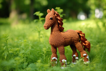 cute crocheted brown horse in the grass