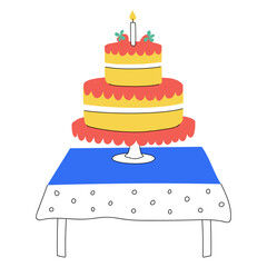 Hand drawn birthday cake with candles on the table with tablecloth. Sweet food, dessert. Symbol of festive event. Color flat vector illustration isolated on a white background.