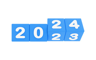 happy new year 2024,, 2024 new year, 3d illustration of 2024 grey dices turning year from 2023 to 2024 on white background with empty space for text, New year wishes greeting card