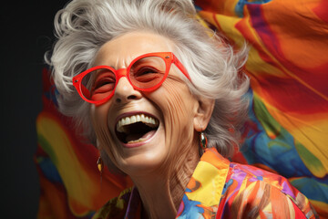Obraz premium Senior woman laughing in Red sunglasses and in stylish clothes