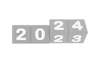 happy new year 2024,, 2024 new year, 3d illustration of 2024 grey dices turning year from 2023 to 2024 on white background with empty space for text, New year wishes greeting card