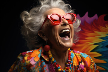 Senior woman laughing in Red sunglasses and in stylish clothes