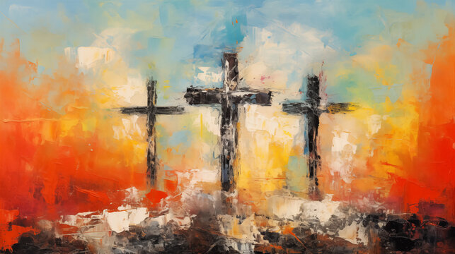 Colorful painting art of an abstract background with cross. Christian illustration.