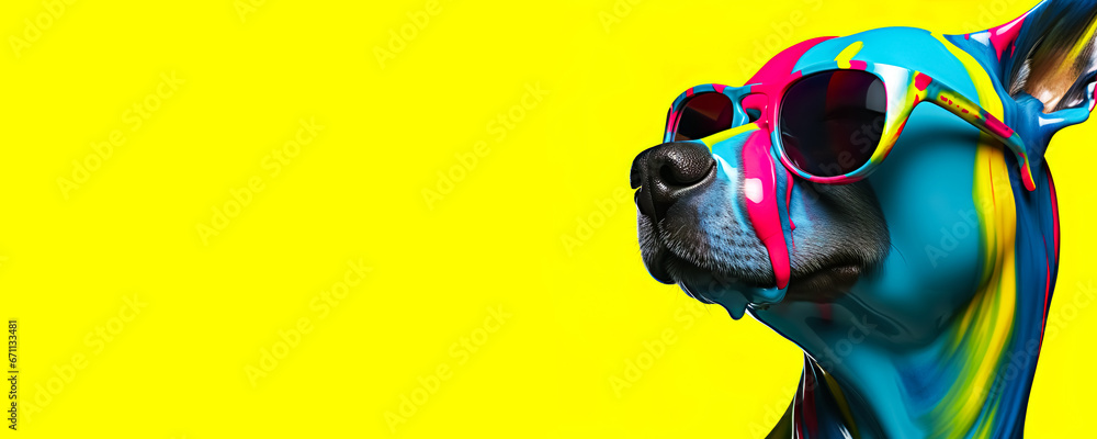 Wall mural Fantasy digital art of doberman dog wearing glasses with multicolored liquid in surface.funny animal in surreal surrealism ideas.creativity and inspiration background.