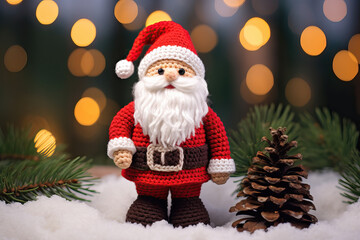 crocheted cute Santa Claus standing in the snow