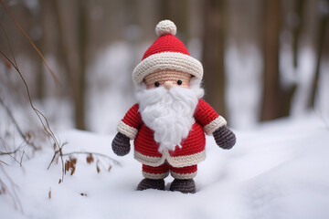 crocheted cute Santa Claus standing in the snow