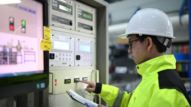Electrical engineer woman checking voltage at the Power Distribution Cabinet in the control room,preventive maintenance Yearly,Thailand Electrician working at company