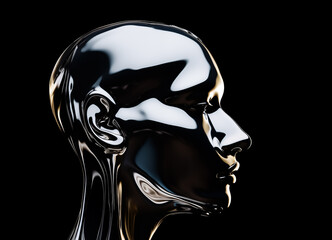 Melted liquid chrome  side head profile of a female robot over black background