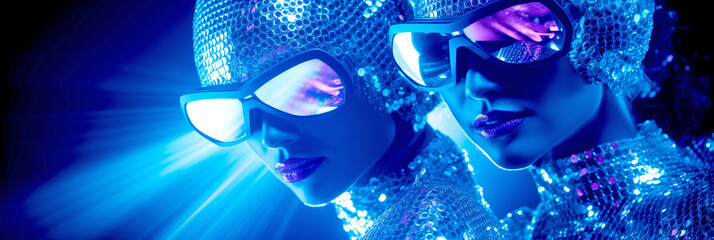 TWO FANCY DISCO DANCERS MOVE IN UV SUITS. NIGHT CLUB. legal AI - obrazy, fototapety, plakaty