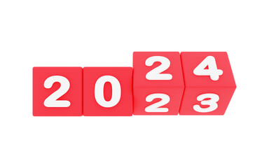 happy new year 2024,, 2024 new year, 3d illustration of 2024 red dices turning year from 2023 to 2024 on white background with empty space for text, New year wishes greeting card