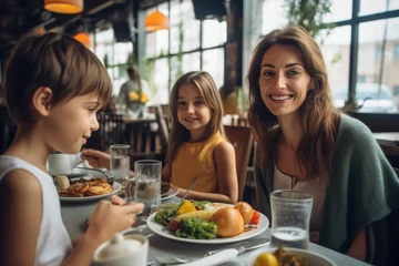 Tuinposter A happy smiling young woman with her little daughter and family in a restaurant and eating brunch. © เลิศลักษณ์ ทิพชัย