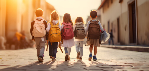 
Close up group of young children walking together in friendship, embodying the back-to-school concept on their first day of school